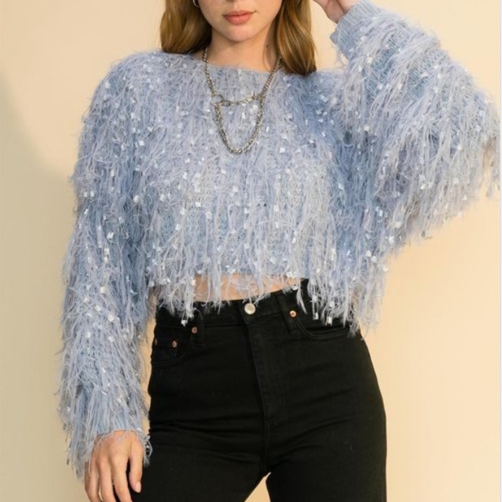 NWT Fuzzy Fringe Cropped Knit Sweater in Periwinkle. Size S and L